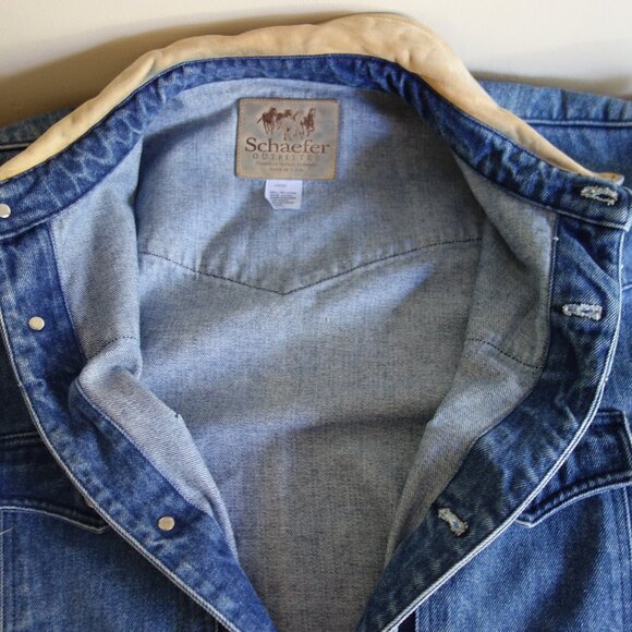 Vtg SCHAEFER OUTFITTER Heavyweight Denim Jacket w/ Leather trim Mens Large ssfis - Picture 6 of 11